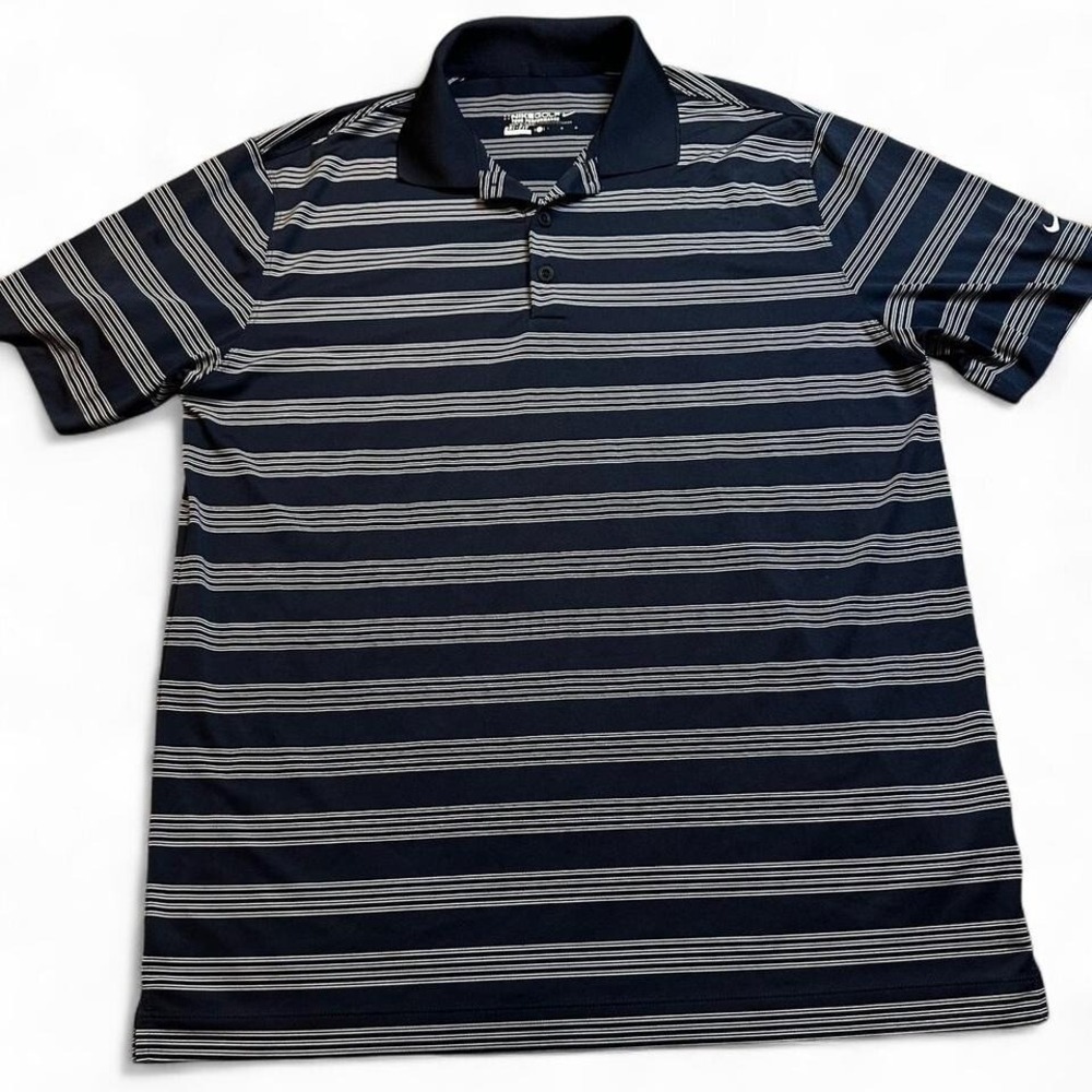 Nike dri fit navy and white striped golf preppy polo shirt size large‎